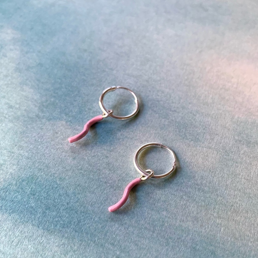 Sterling Silver Hoops with Pink Squiggle Hoop Earrings